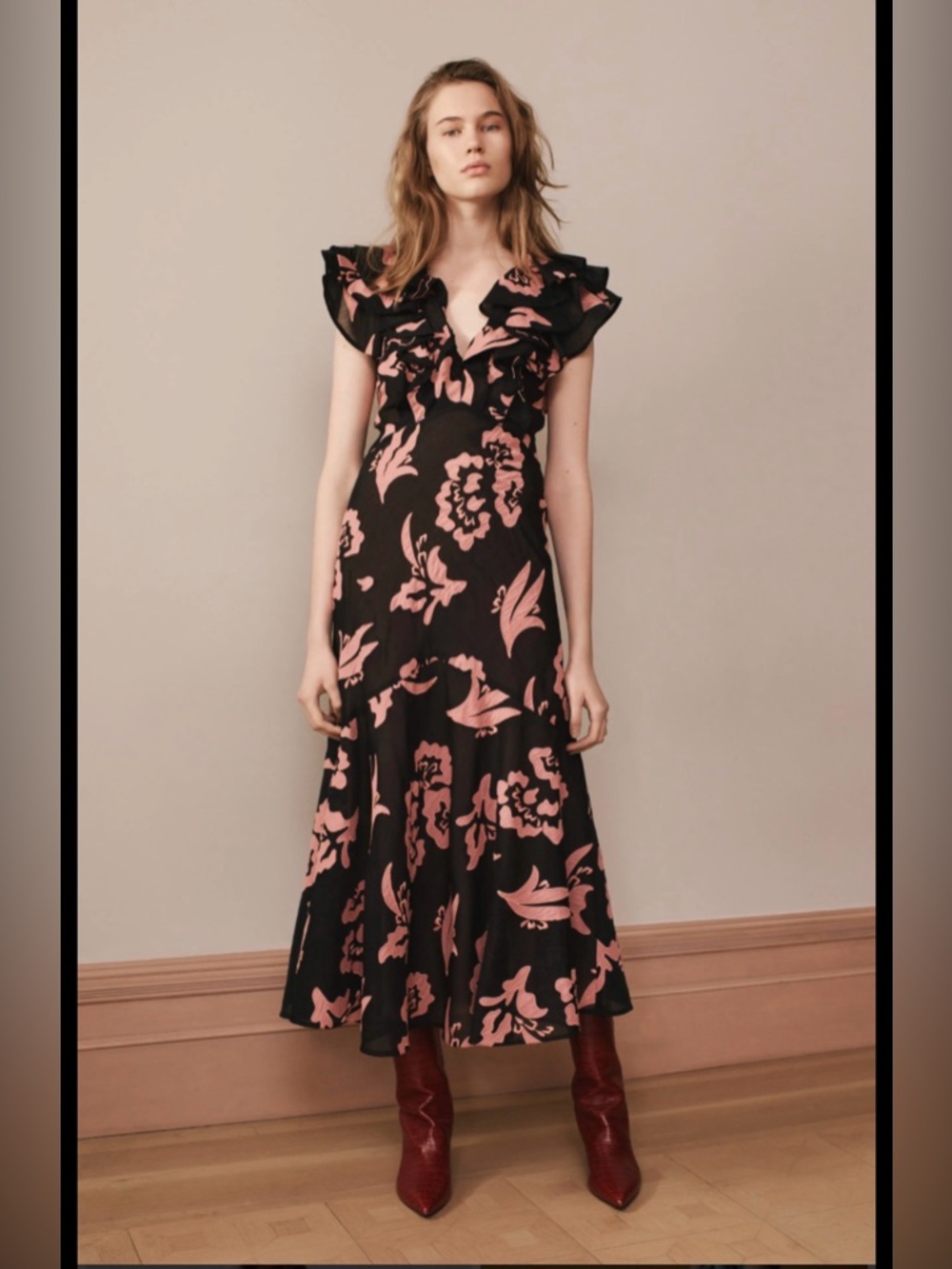 Rebecca Taylor Black Maxi Dress with Pink Floral Print